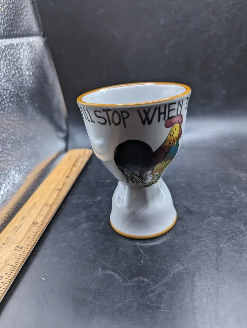 Vtg Italy Pottery Egg Cup Hand Painted My Love Will Stop When This Rooster Crows