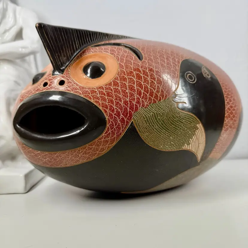 ENMANUEL MALDONADO Koi Fish SCULPTURE w/Sea Lions ArtistSigned Pottery NICARAGUA