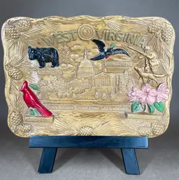 West Virginia Souvenir Ceramic Faux Wood Rectangal Art Pottery Wall Hanging Plate