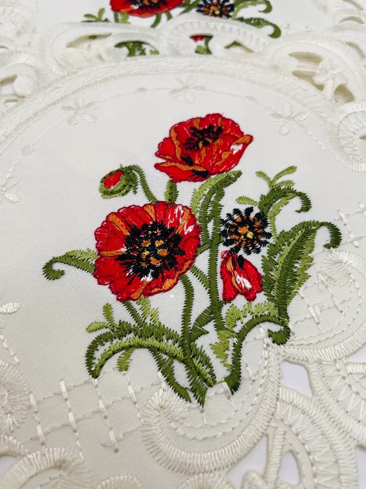 2 Embroidered Doilies, Off White with Red Poppies/Green Foliage, Decorative Edge, 7.25”