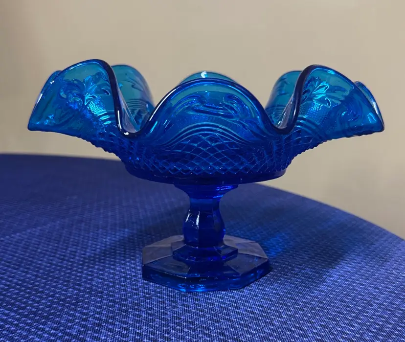 Blue Glass Pedestal Compote Candy Nut Bowl Dish Ruffled Rim Octagon Base