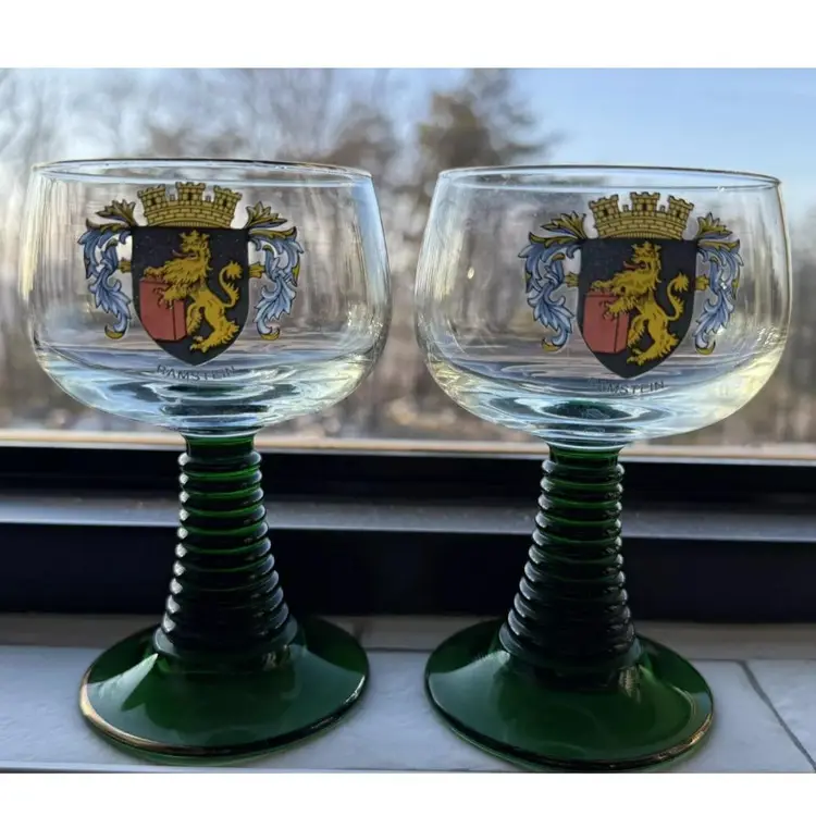 Vintage German France Rhine Roemer Green Beehive Ramstein Wine Glasses Goblet Set of 2