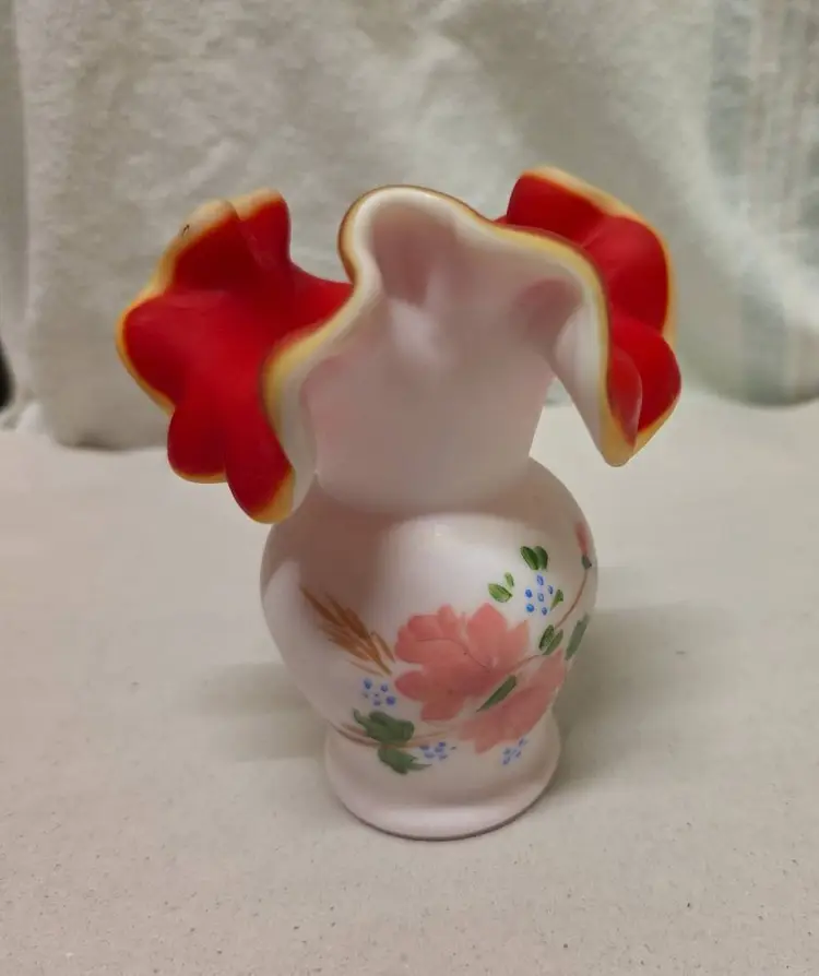 Vintage Kanawha Art Glass Red Cased 5 Inch Ruffled Vase Handpainted FlowersEdge White Vase