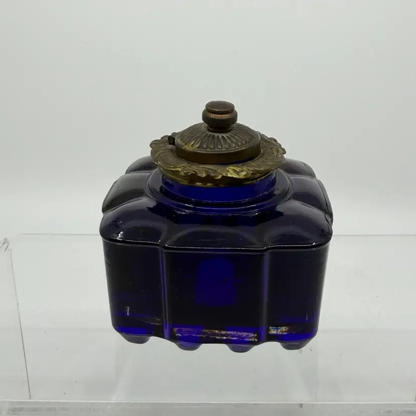 Vintage Art Deco Glass Cobalt Blue Inkwell With Brass Lid