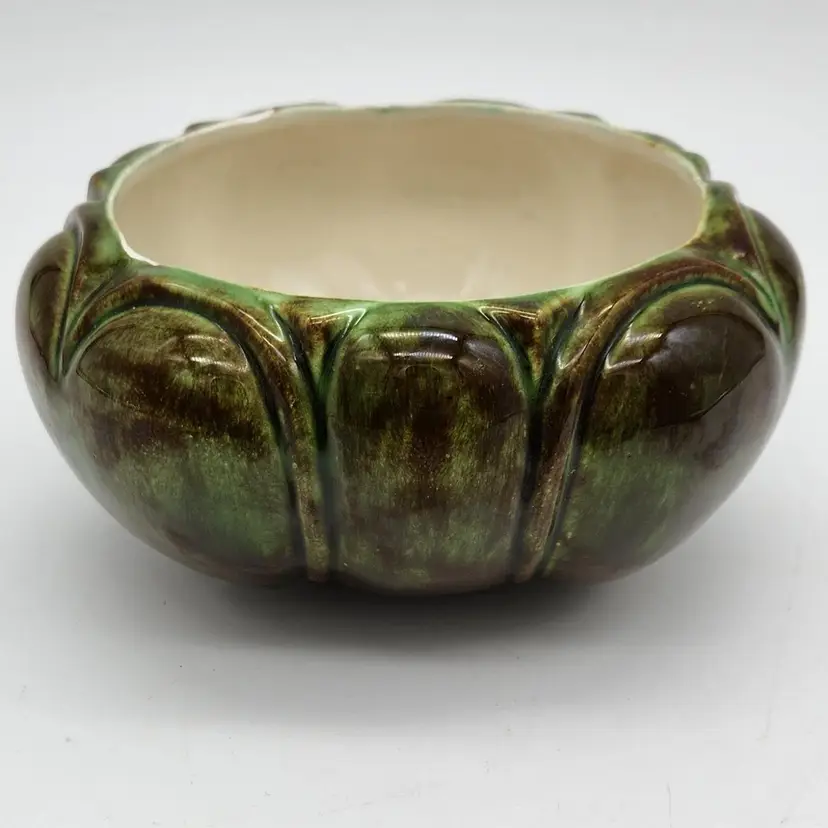 Vintage Green & Brown Glazed Round Planter BOHO NATURAL