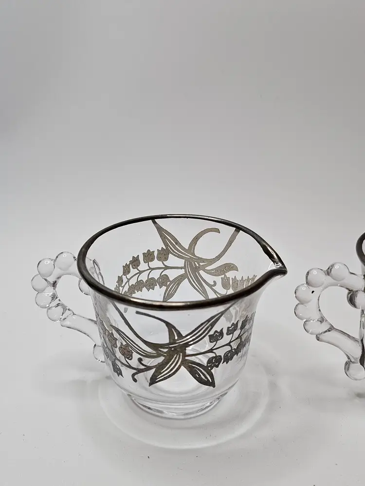 Vtg Candlewick Imperial Glass Open Sugar And Creamer Set Sterling Silver Overlay