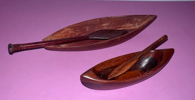 Pair Of Miniature Monkeypod Wooden Canoe Boat Open Salt Sushi Brazil