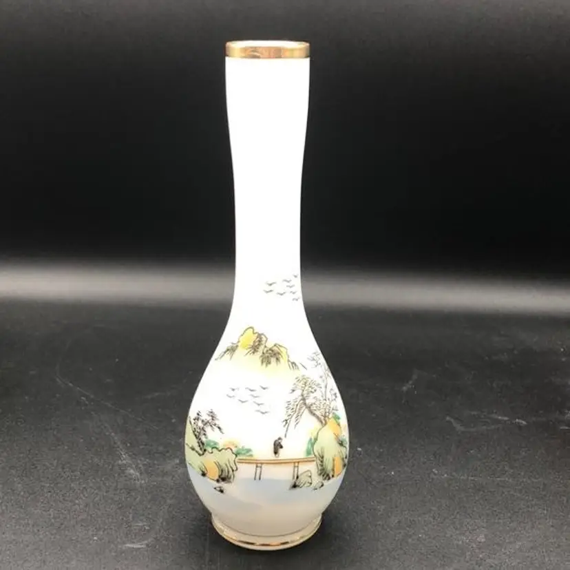 Unique Hand Painted Chinese Landscape Milk Glass Bud Vase with Gold Rim