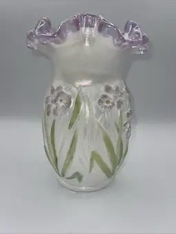 Fenton Opalescent Easter Daffodil Vase Lilac Purple M Olmstead 8.5”