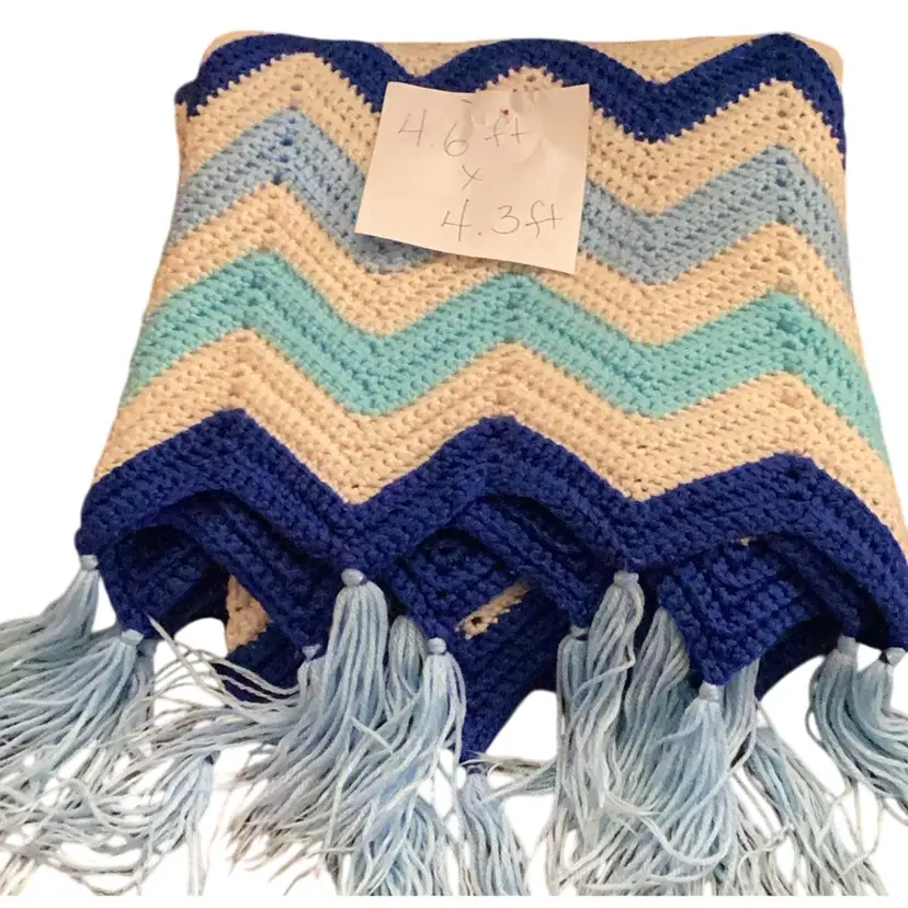 Vintage White Blue And Teal Chevron Blanket With Fringes  4.6 X 4.3 Feet