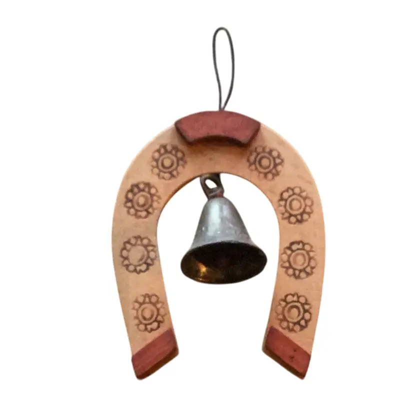 Wooden Horseshoe Bell Decor With Wood Burn Flowers Bell Has Design 3.25 X 4.25 Inches
