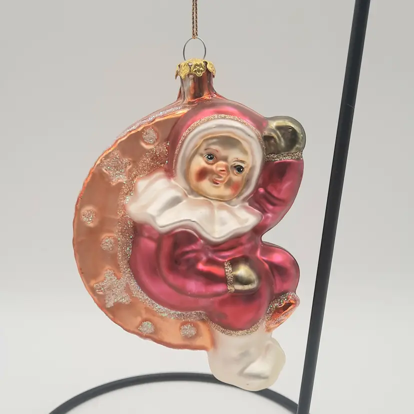Snowsuit Baby on Moon Glass Ornament Pink Orange Glitter