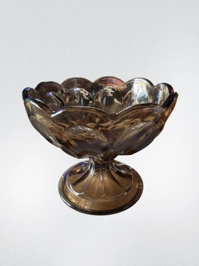 Vintage Anchor Hocking Fairfield Smokey Brown Glass Compote Dish Bowl MCM