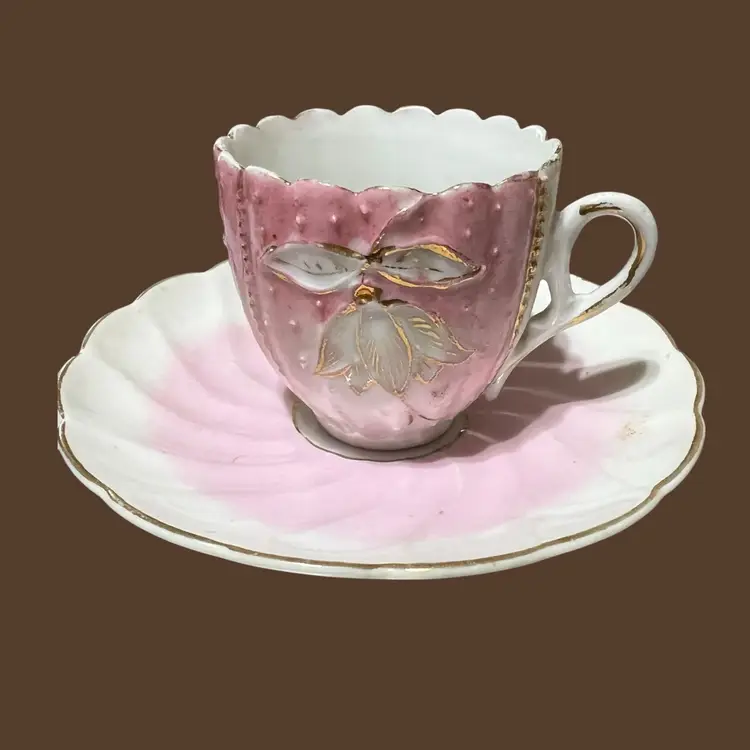 #01 020 Vintage Pink And Gold Demitasse Cup Scalloped Edge, Germany, 2" X 3"