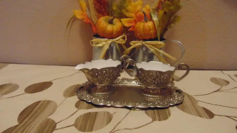 Pre Owned Vintage Japanese Silver Plated and Enamel Sugar and Creamer Set with small tray.