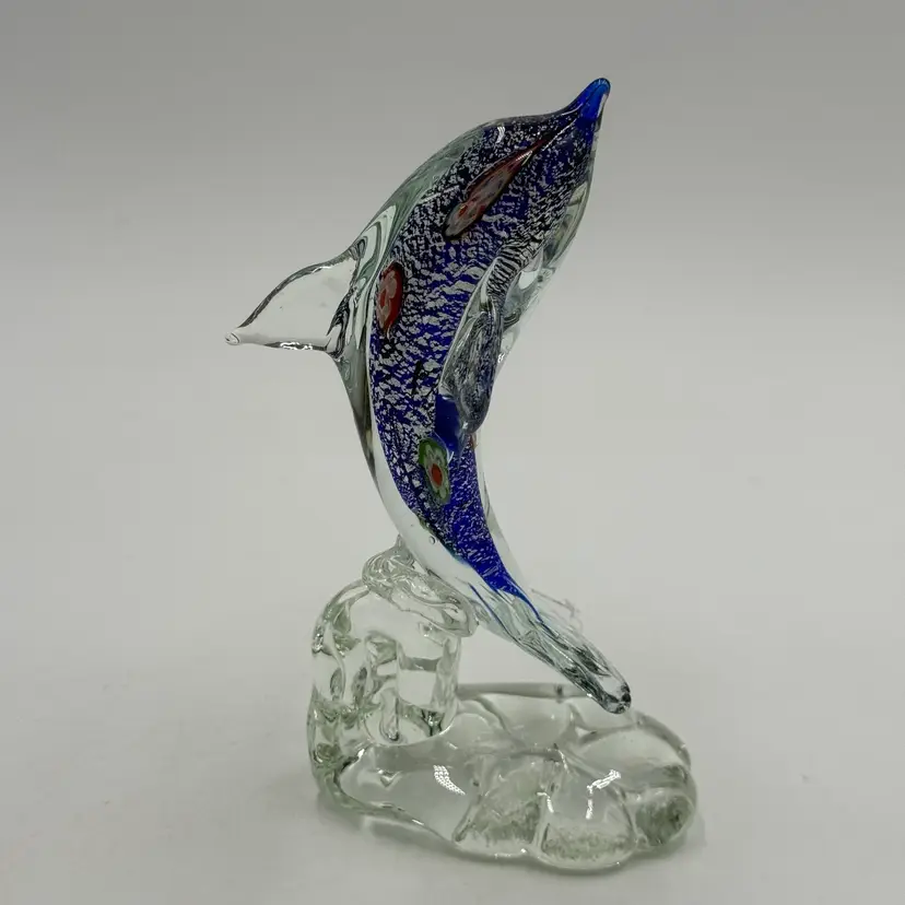 Blown Art Glass Blue Jumping Dolphin Figurine Paperweight Silver Flakes And Millefiori On Clear Base