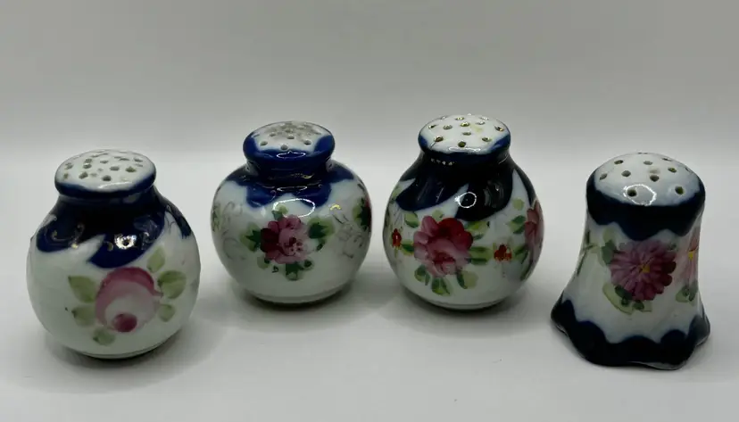 Antique Victorian Flow Blue Hand Painted Floral Porcelain Salt & Pepper Shakers, Set of 4, Unbranded, Made in Japan