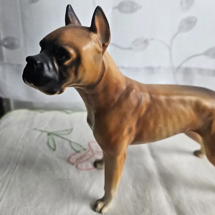 Vintage Boxer Dog Ceramic Figurine 7x6" Japan Tan White