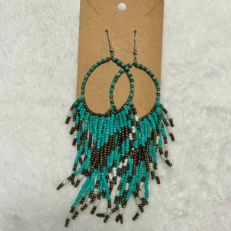 J81 Cascading Fringe Bead Aqua Earrings