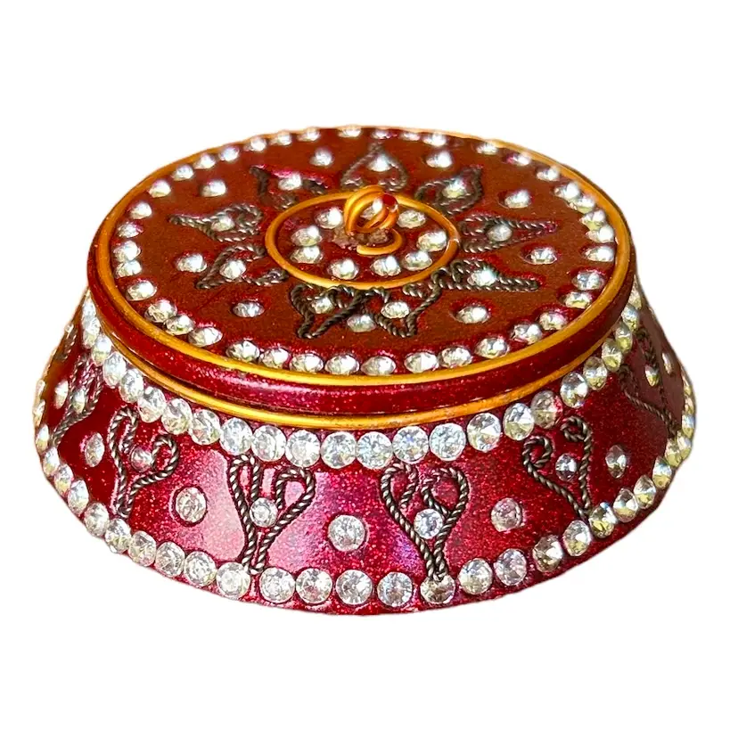 Burgundy Jeweled Decorated Trinket Jewelry Box with Copper Rim