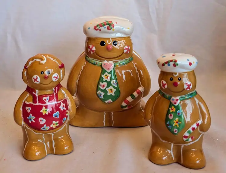 Gingerbread Salt & Pepper Shakers with Napkin Holder Ceramic Set