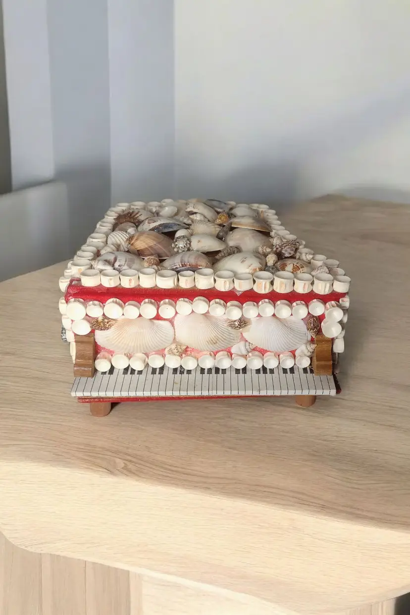 Vintage Handmade Seashell Grand Piano Trinket Box Velvet Lined Catchall