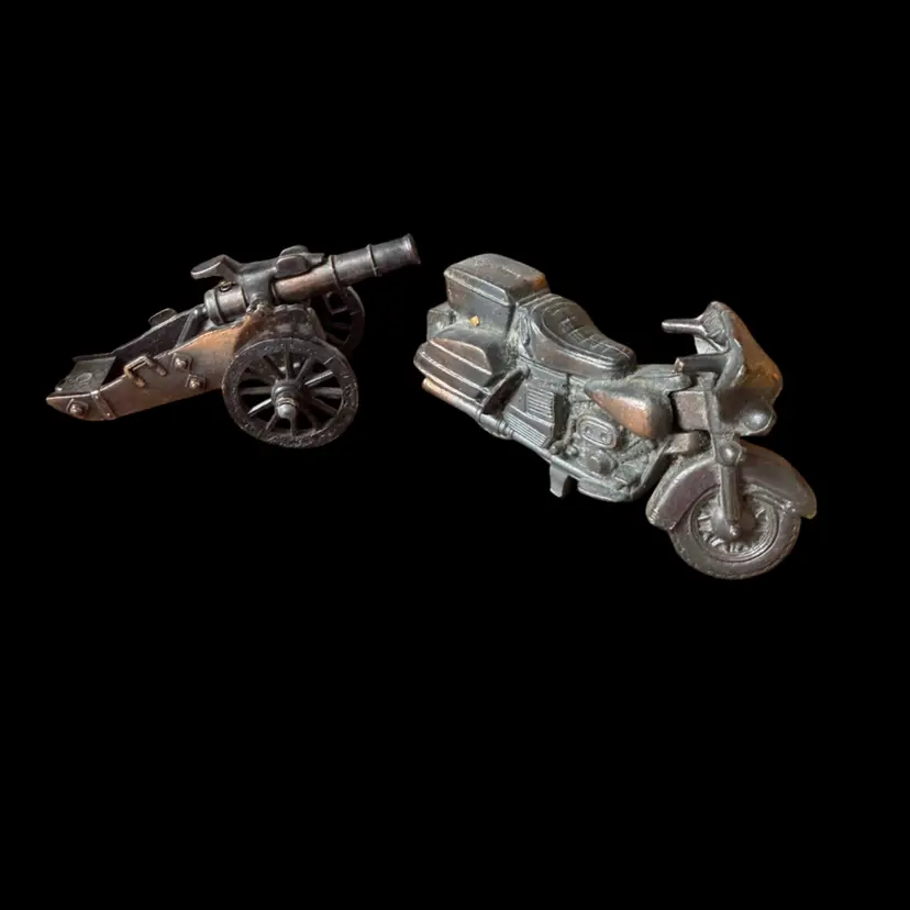 Two Vintage Bronze Pencil Sharpeners-cannon And Motorcycle