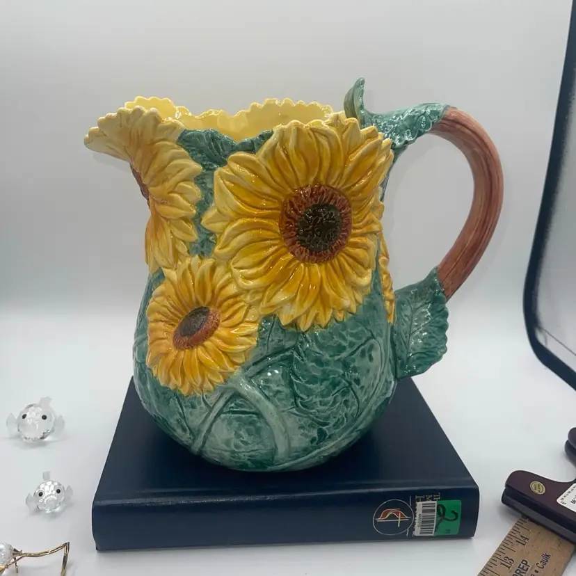 Fitz & Floyd 3 Quart Ceramic Sunflower Pitcher Creamer 1988 VTG 9.5” Tall