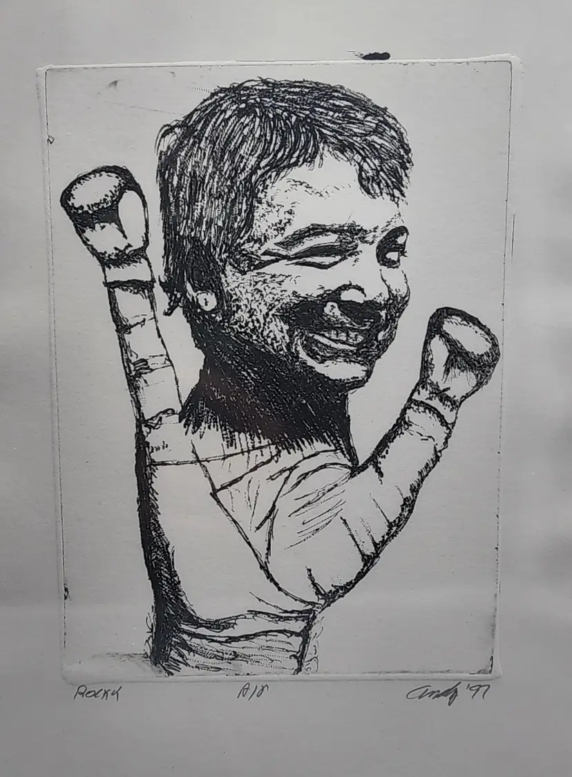 1997 Andy Hudson Signed "Rocky" Black & White Carbon Transfer 5" x 7" Print