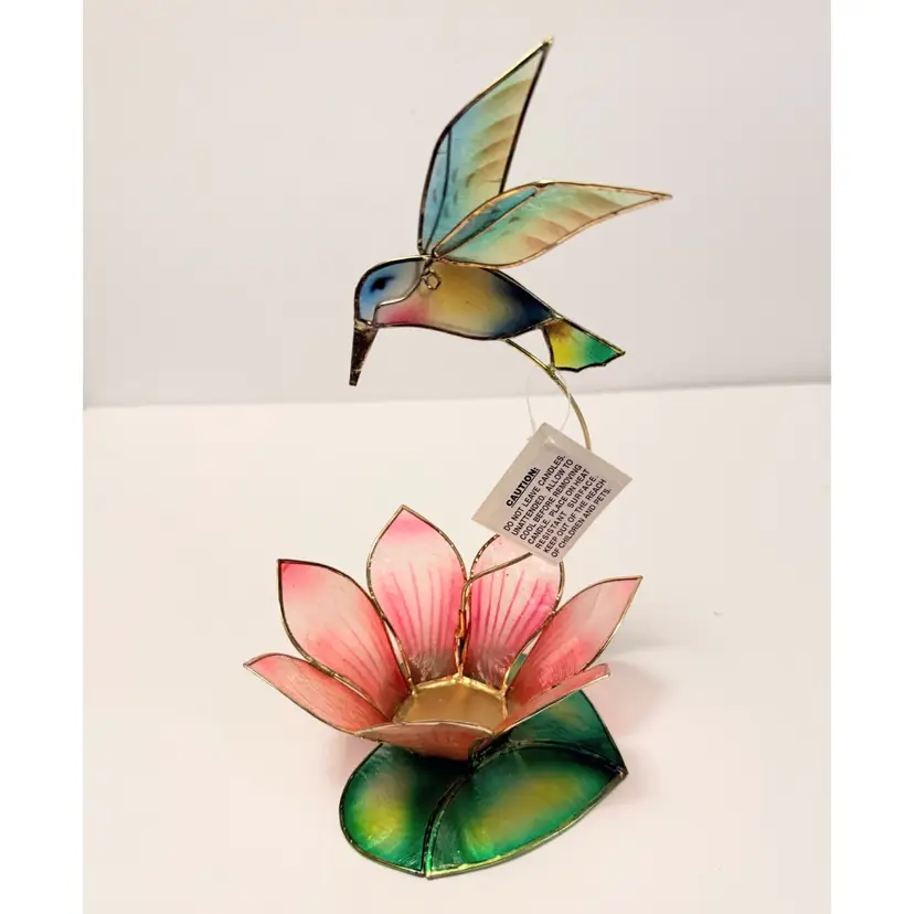 Hovering Hummingbird Over Lily Pond Capiz Shell Decor Sunroom Tealight Holder