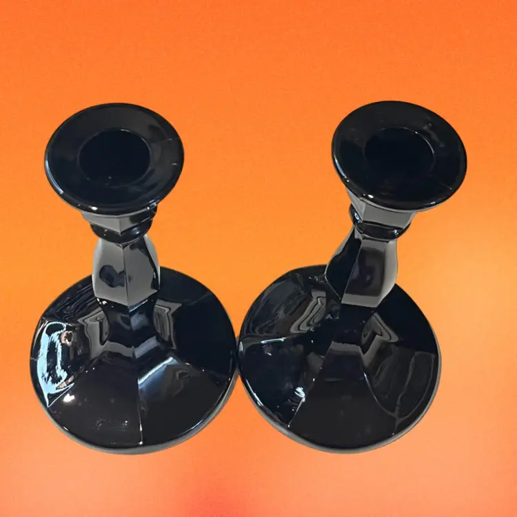 Pair Of Vintage Black Glass Candlestick Holders 6.5” Tall