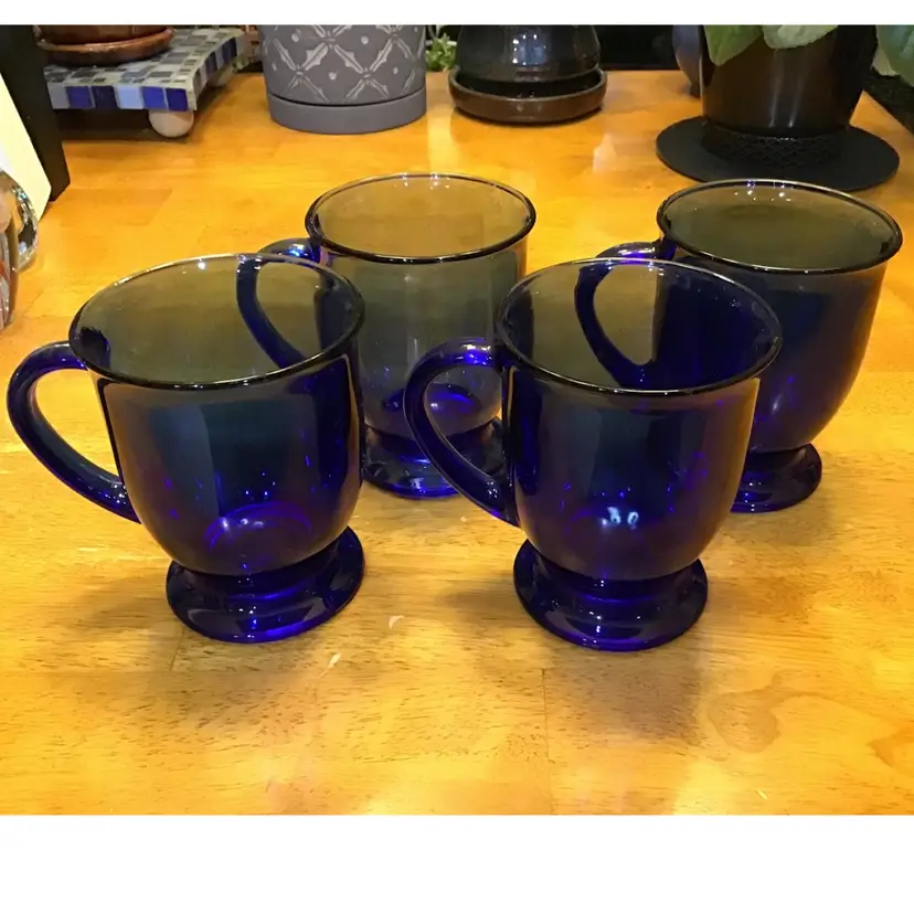 Vintage Cobalt Royal Blue Anchor Hocking 4 Coffee Tea Mugs Cups Set