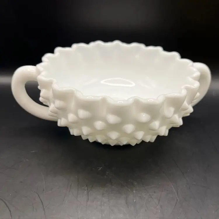 VTG Fenton Milk Glass Hobnail 2 Handled Candy Nut Trinket Dish 5" x 3"