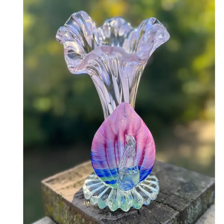 Art Glass Peacock 🦚 Vase 7.5”
