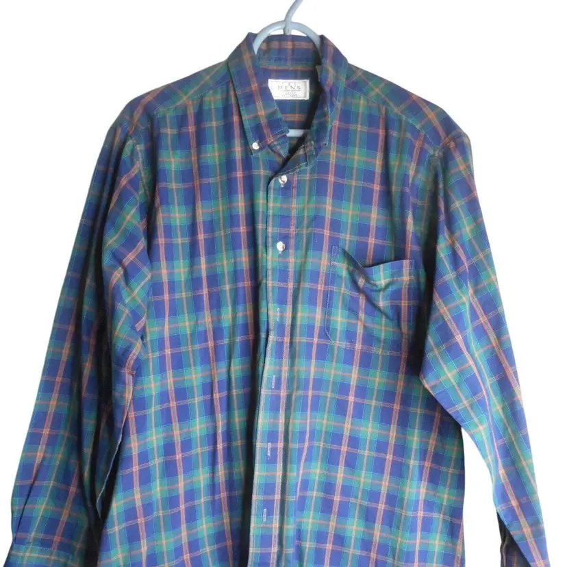 Vtg Sears Size L Plaid Blue Green Long sleeve Shirt button front mens