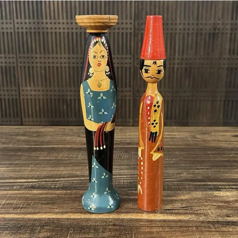 Vintage Egyptian Folk Art Wooden Spool Dolls Figures
