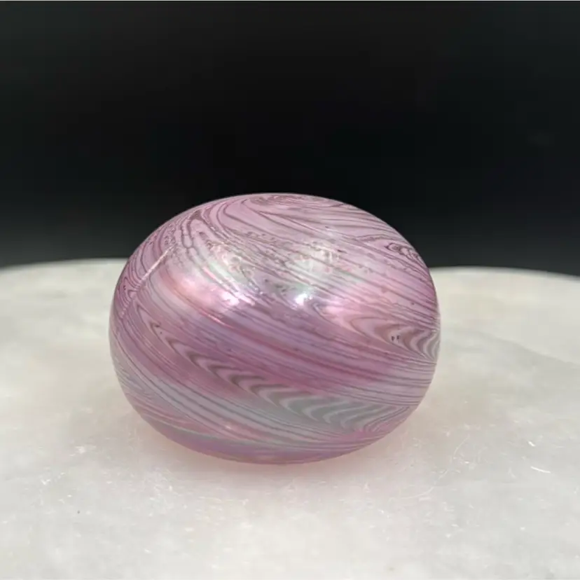 Pink Iridescent Feather Pulled Paperweight Signed Scout Bludraves.