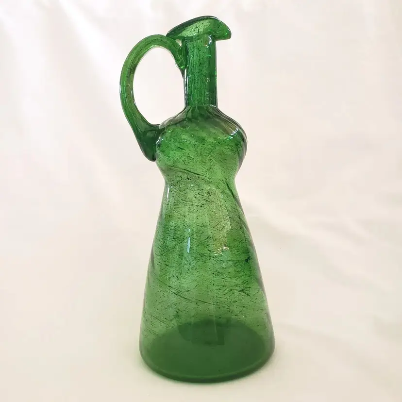 Art Glass Pitcher Mid-Century Modern Emerald Green & Black Swirls 8.5" tall READ
