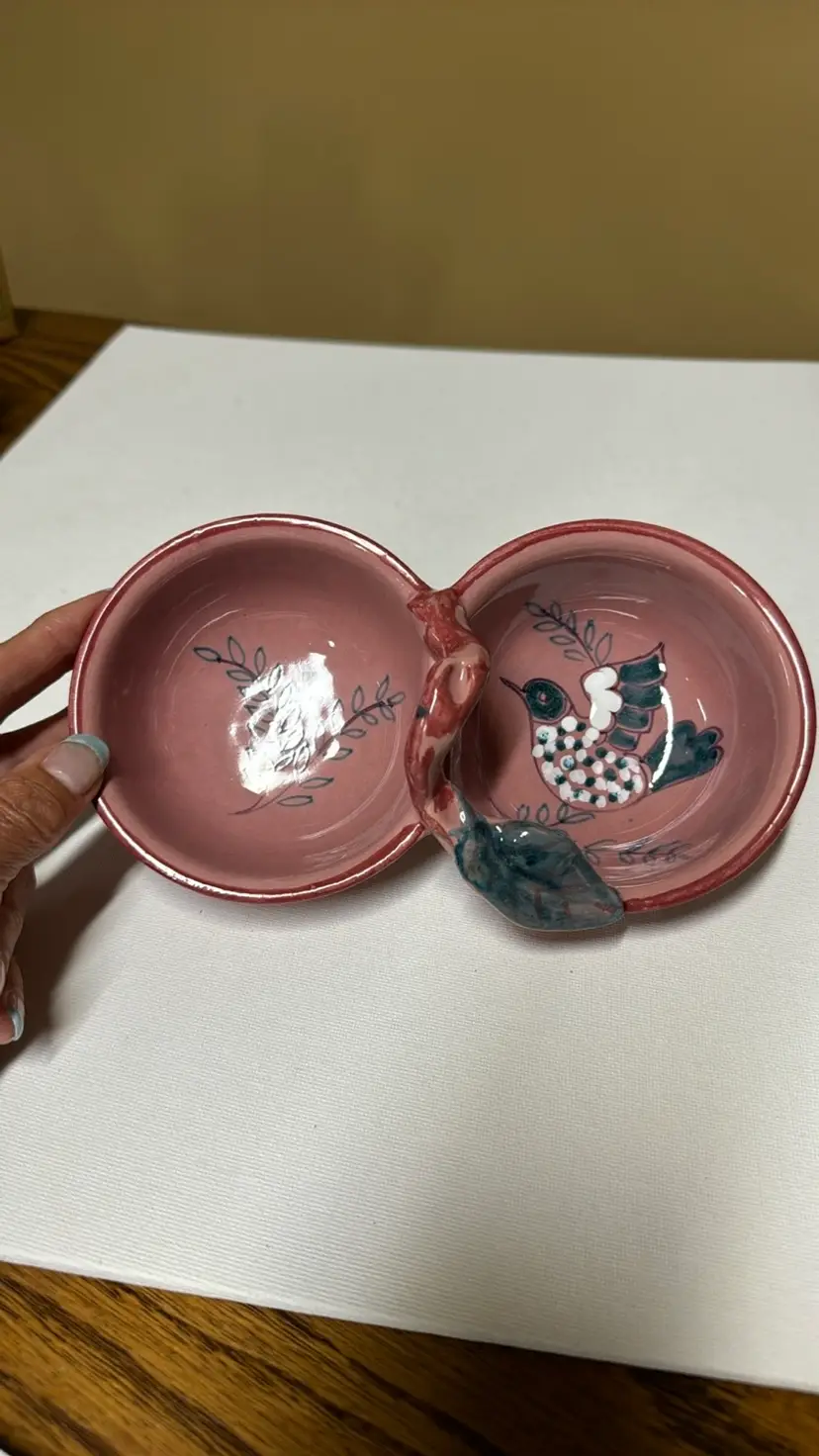 Italian Pottery Hand Painted Bird Divided Ceramic Condiment Dish Center Handle