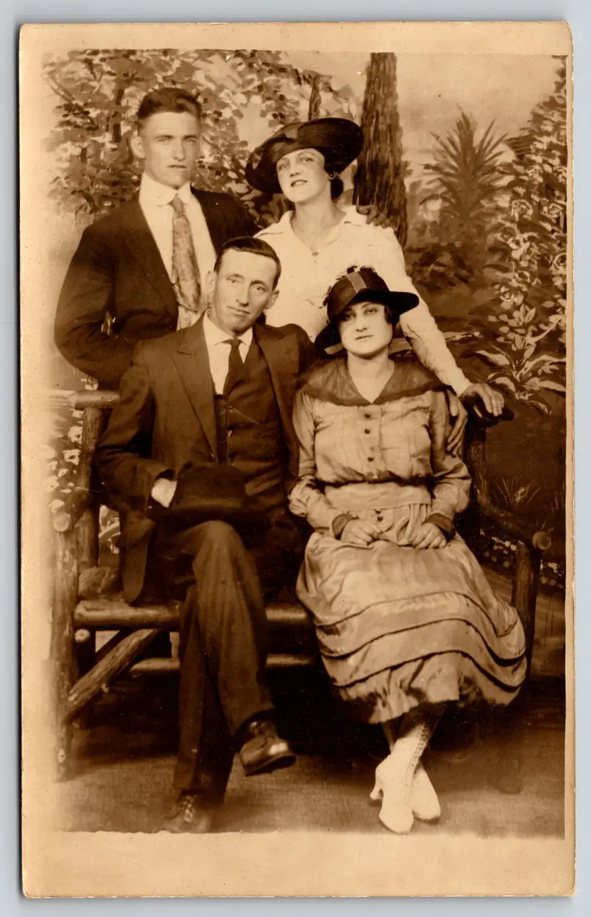 Postcard RPPC Double Date Real Photo Men and Women Fancy Attire Large Hats - 9295
