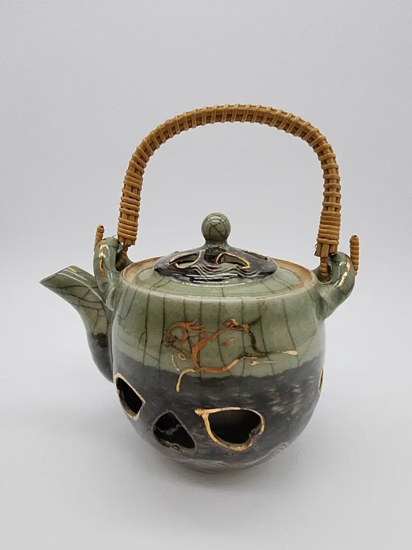 Otagiri Somaware Somayaki Gray-Green Crackle Heart Double Walled Teapot + 1 Cup