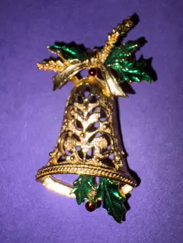 Vintage Christmas Bell Brooch ~ Gold Tone Filigree Bell With Red And Green Holly And Ivy ~ Beautiful
