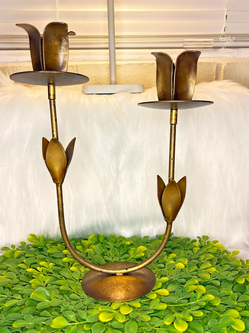 Hammered Brass Floral-Shaped Candle Holder