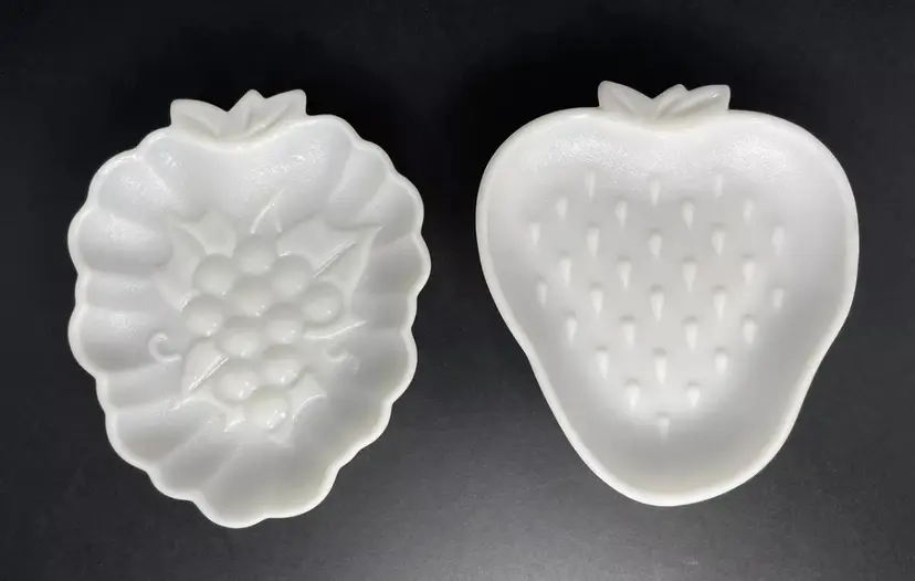 2 Vtg Hazel Atlas White Milk Glass Strawberry & Grape Shape Plate Trinket Dishes