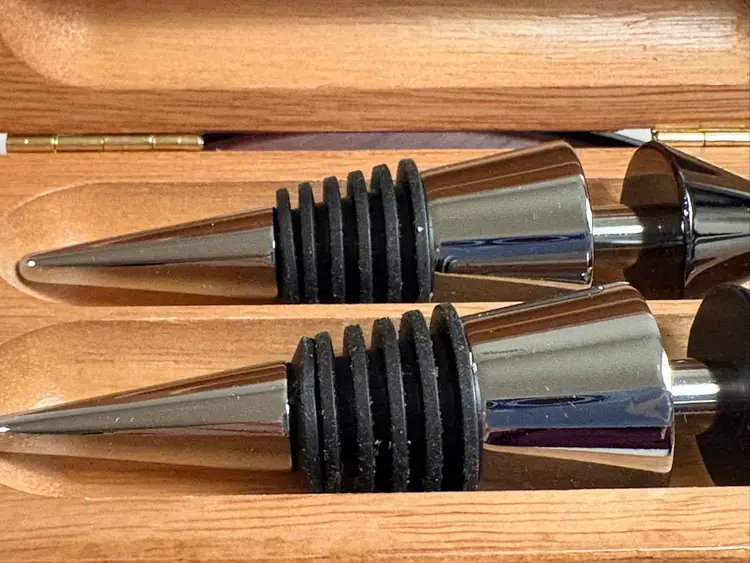 2 Wine Bottle Stoppers Stainless Steel Geometric Stoppers in Wooden Box