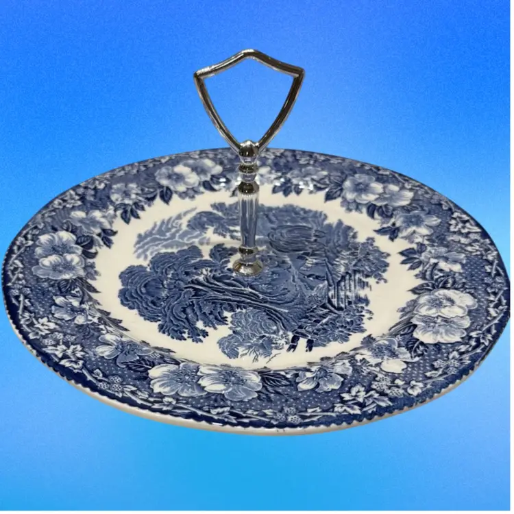 blue and white transfer Plate 11” tid bit tray with silver handle No Chips Or Cracks
