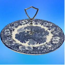 blue and white transfer Plate 11” tid bit tray with silver handle No Chips Or Cracks