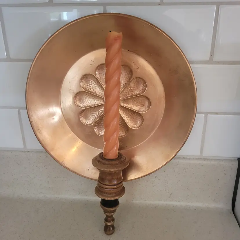 Vtg Copper & Turned Wood Wall Sconce Candle Holder 10 in Round