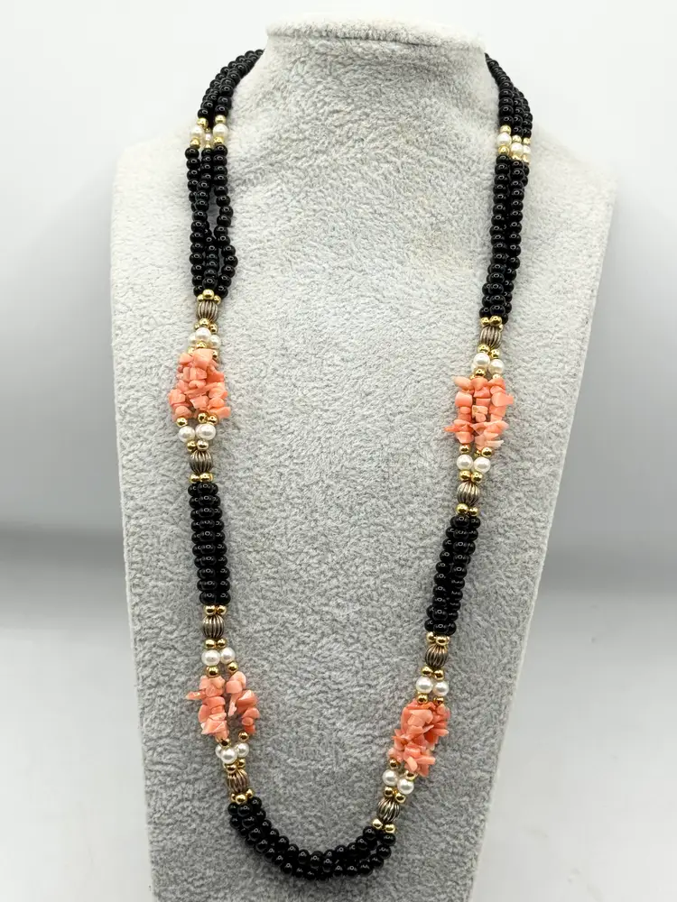 Vintage coral pearl onyx beaded multi strand necklace