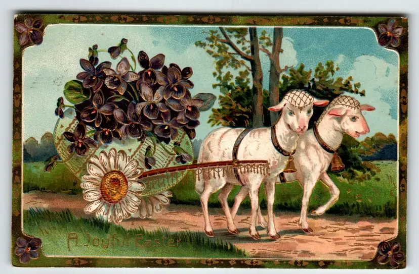 Easter Postcard Lambs Hauling Flower Cart Fantasy Embossed 1909 PFB Germany 8454